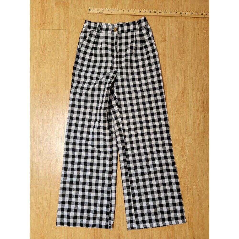 Nasty Gal Gingham Wide Leg Pants Pleated Black White Women’s US 0